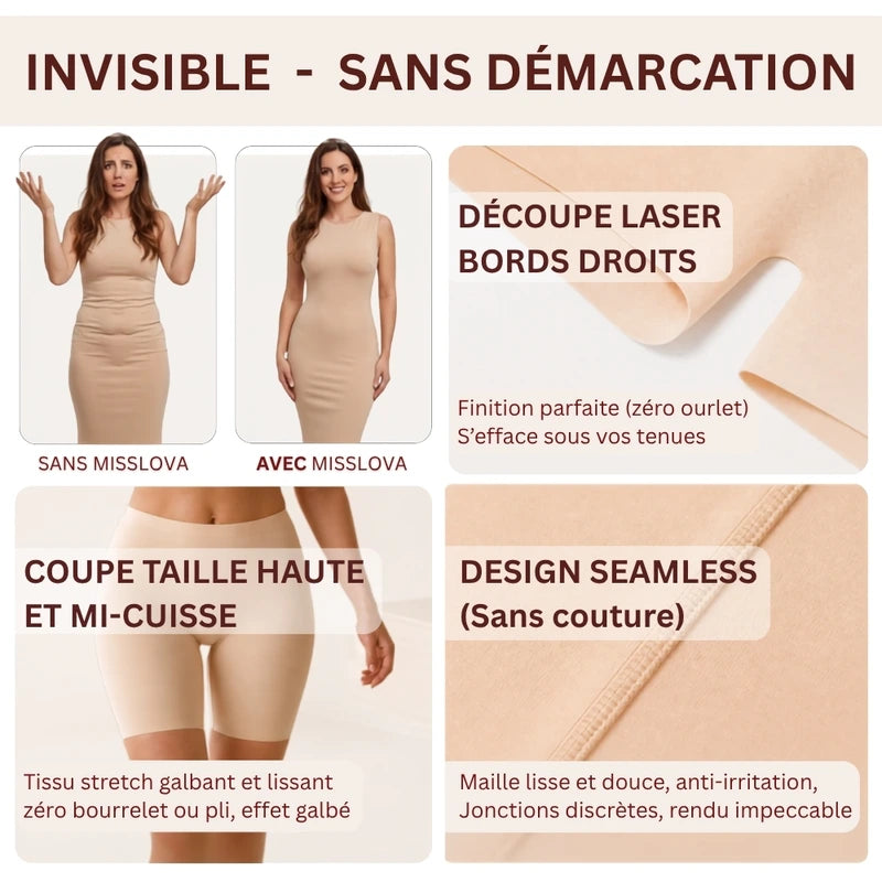 Comparatif avant après du shorty invisible sous une robe et détails de la coupe taille haute sans couture MissLova. Zéro démarcation sous toutes les tenues car design seamless (sans couture).