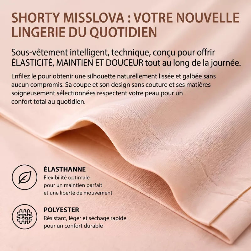 Infographie des matières du shorty sans couture MissLova composé d'élasthanne pour la flexibilité et de polyester pour le confort.