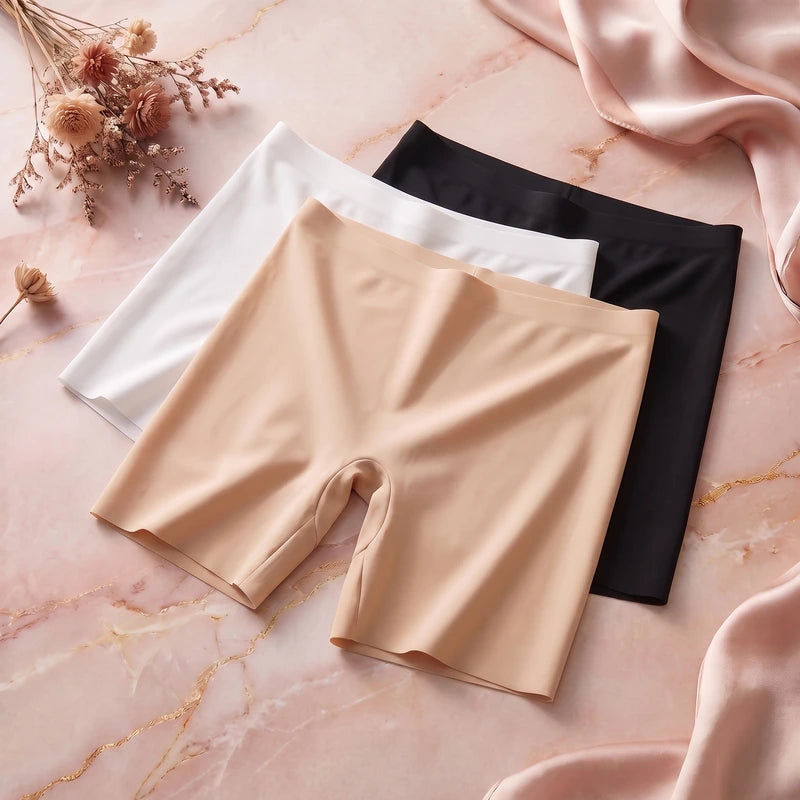 Présentation des trois couleurs du shorty gainant invisible Misslova : beige, noir et blanc.